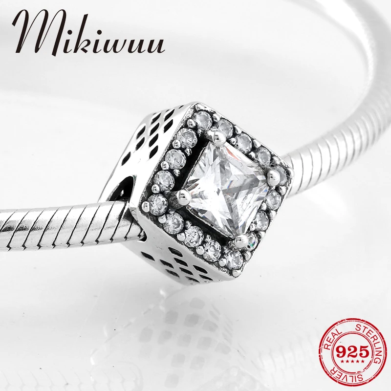 

New 925 Sterling Silver Hollow out square shape Shiny zircon beads Fit Original Pandora Charm Bracelet Jewelry making
