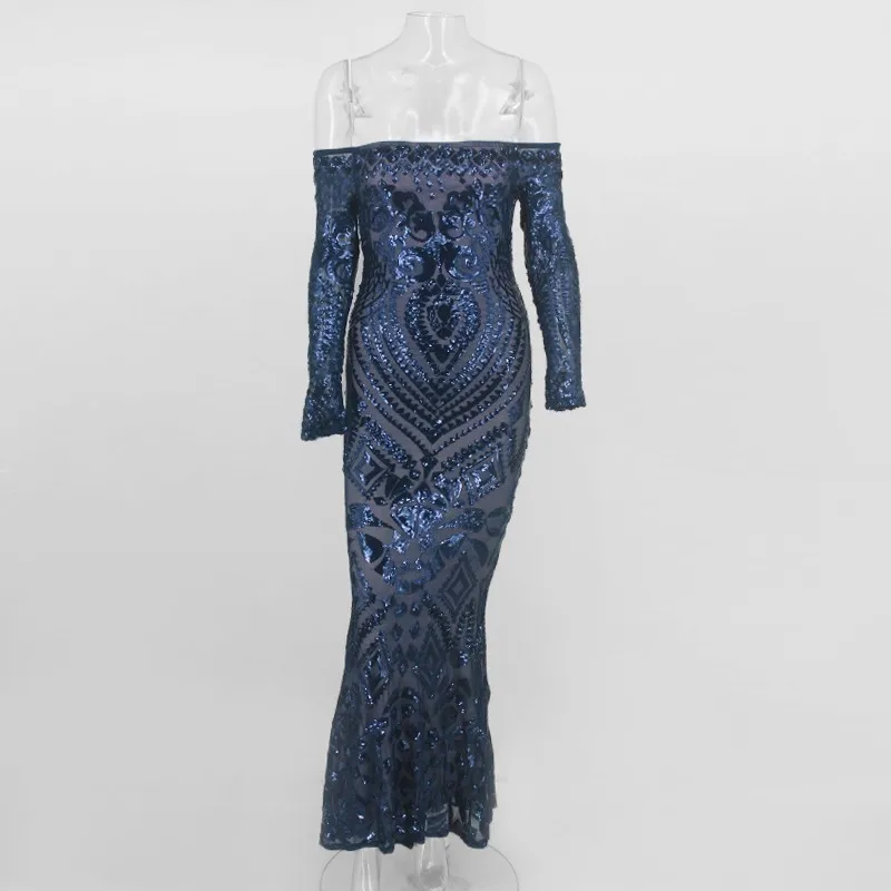 Slaygirl, сексуальное элегантное платье для женщин, осень, облегающее платье, вечерние, Клубные, длина до пола, Vestidos, для женщин, с открытыми плечами, с блестками, Vestidos - Цвет: Blue