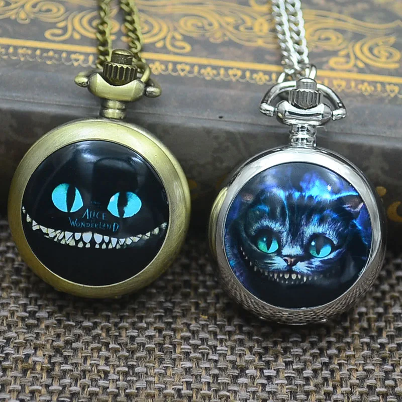 

Quartz Fashion Alice In Wonderland Pocket Watch Necklace Woman Cute Cat Cartoon Smile Kitty Silver Bronze Fob Watches Picture