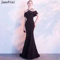 JaneVini 2019 пикантные черные сапоги длинные платья подружек невесты Спагетти бретели для нижнего белья оборками спинки Атлас развертки поезд