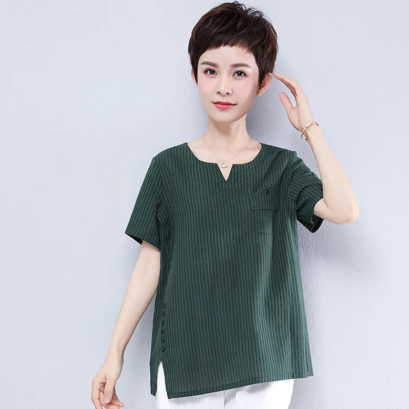 

High quality striped 100% cotton t shirt woman v neck 2019 summer green fashion short sleeve tees women plus size 4xl casual top