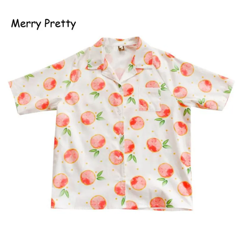 

Merry Pretty autumn new women chiffon blouse kawaii design short sleeve turn down collar fruit lemon printed blouseS sweet shirt