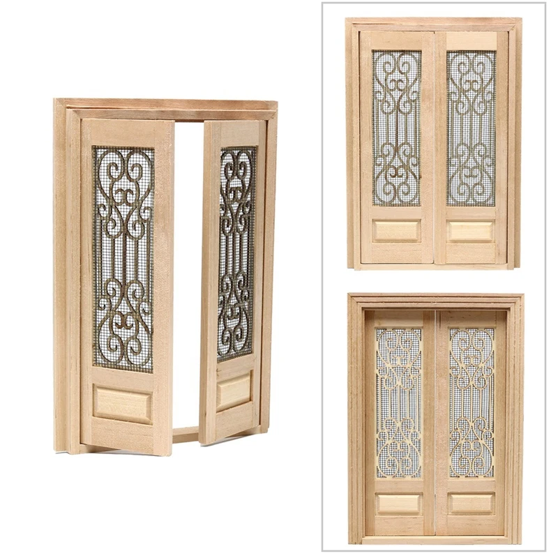 

1:12 Doll House Miniature Double Open Screen Door Wooden Exterior Hollow Screen Double Door Doll House Diy Decorative Accessor