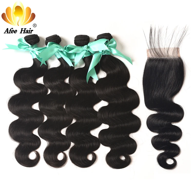 

Aliafee Hair #1b/#2/#4 Color Brazilian Body Wave 4 Bundles With Closure Brazilian Hair Weave 100% Human Hair Extension Non-Remy