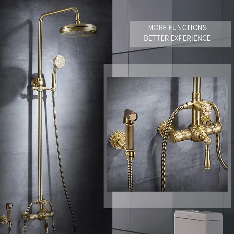 Shower Faucets Luxury Brass Rain Shower Set Dural Handle Wall Mount Gold Bathroom Faucet With Slide Bar Bathtub Faucet 88316