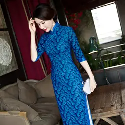 Синий длинный Cheongsam 2019 осеннее винтажное платье в китайском стиле модное женское велюровое платье тонкие вечерние платья с пуговицами Vestido