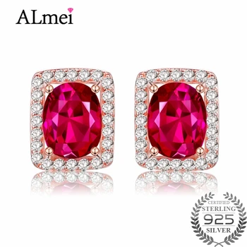 

Almei Red Oval Topaz Rhinestones Stud Earrings Genuine Silver 925 Fine Jewelry for New Year Christmas Gifts with Box 40% FR012