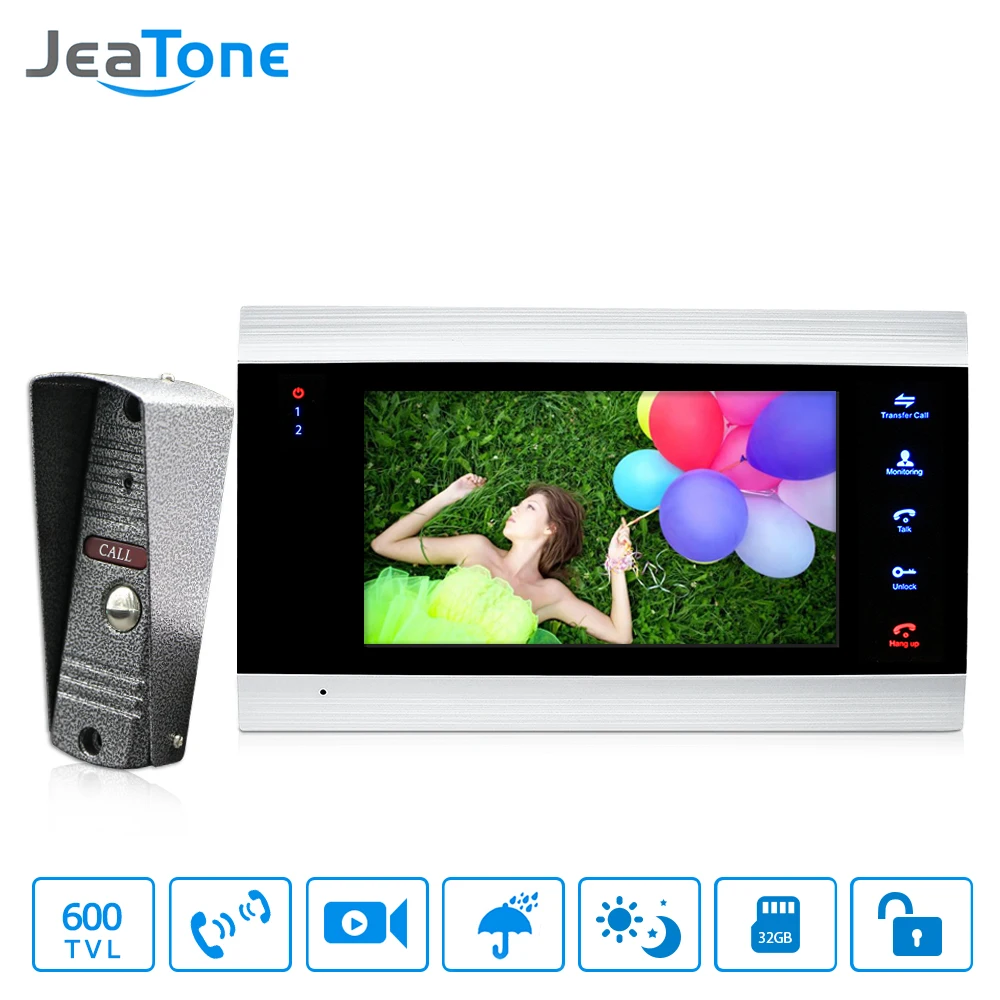 JeaTone 7 дюймов видео дверной звонок Домофон с 600TVL наружная камера IP65 на дверь