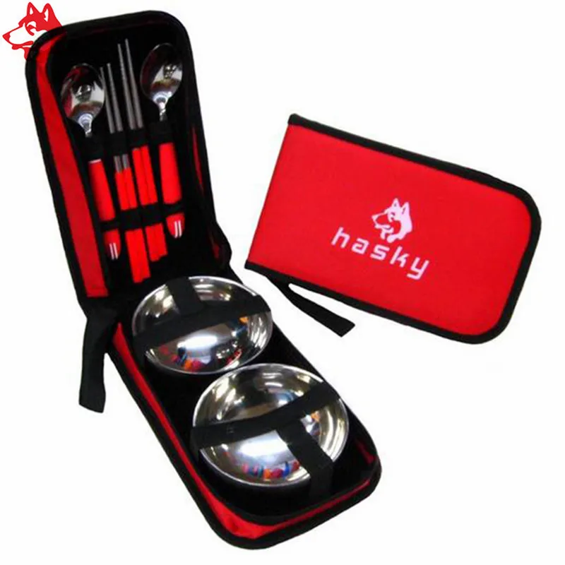 Outdoor 2 People Tableware Bag Portable Barbecue Camping Stainless Steel Bowl Chopsticks Spoon Suit Bag Lovers Tableware Set
