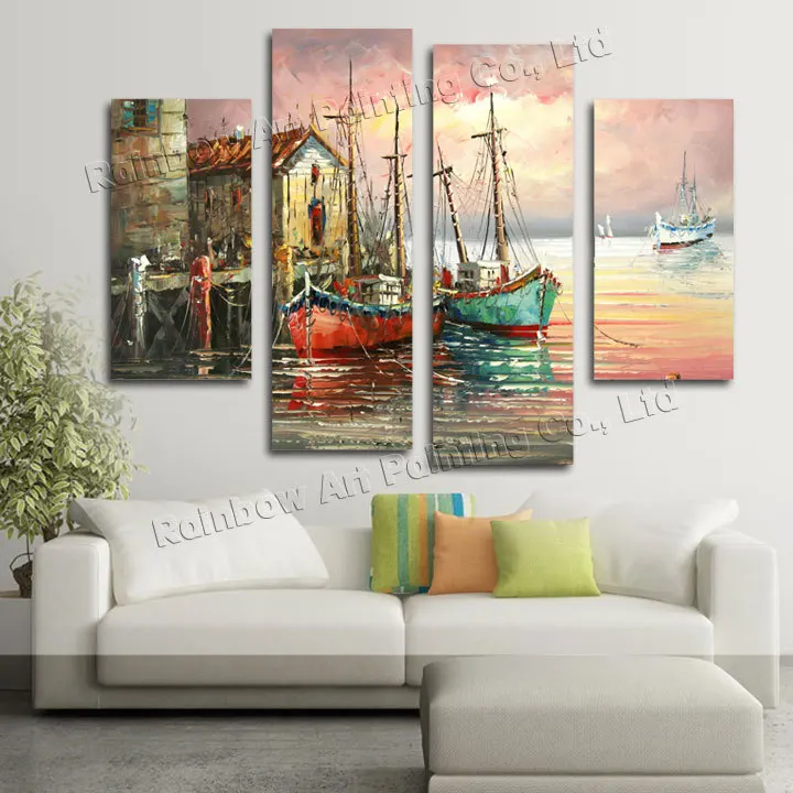 

4 Piece Handmade Home Decoration Wall Art Palette Knife Boat Sea Landscape Oil Painting Wall Decoration Paintings