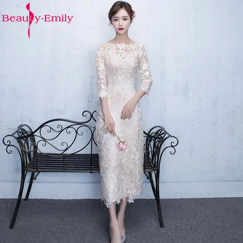 

Beauty-Emily White Tea-length Lace Evening Dresses 2019 O-Neck Three Quarter Lace Women Formal Evening Party Prom Dresses