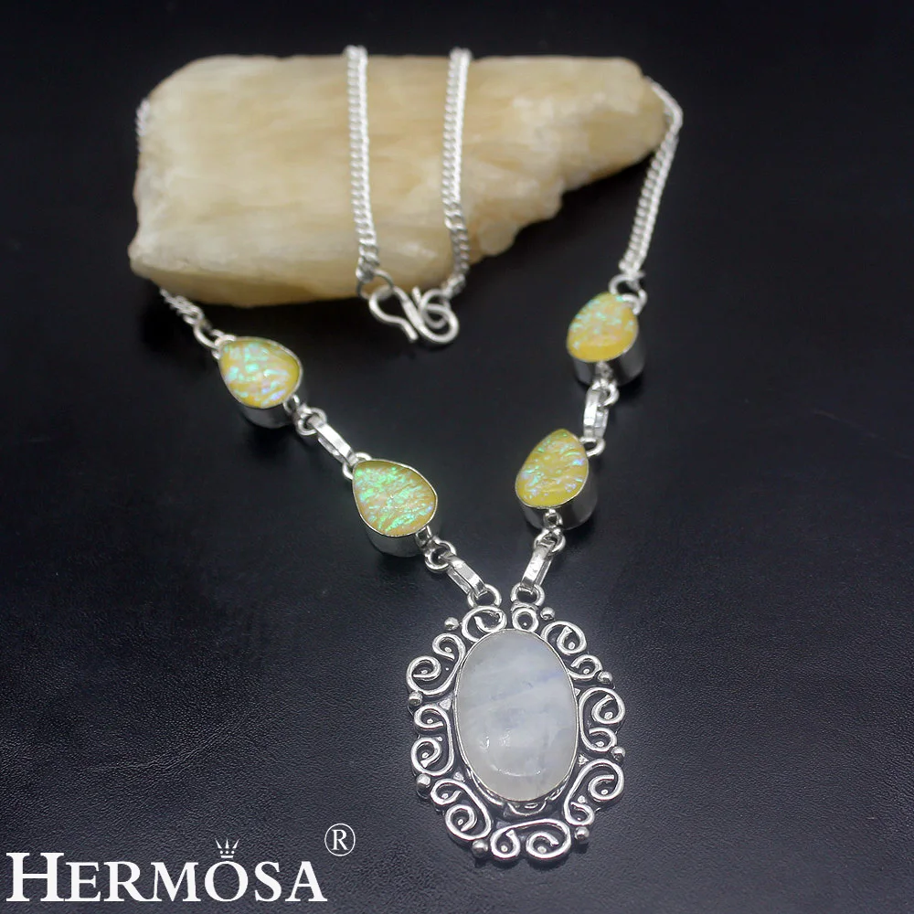 

Hermosa Jewelry Unique Fashion RAINBOW MOONSTONE DICHROIC GLASS 925 Sterling Silver Women Necklace 19 inches HM911