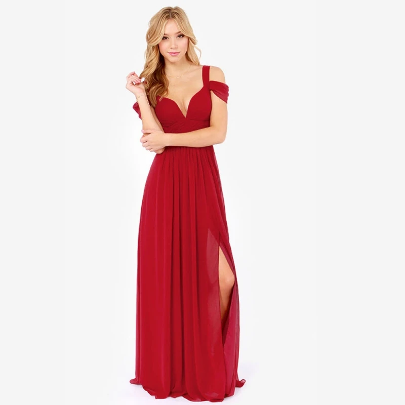 

Haoduoyi The new Fashion Deep V-neck Spaghetti Solid Dinner Sexy Side Split Straps Gown vestidos Floor Length Dresses