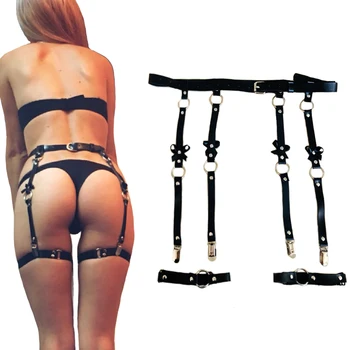 

Sexy Women leather Waist Garter belts for Stockings Bow Handmade Punk Costume metal O-Round Waist Belt 4 suspenders accessories