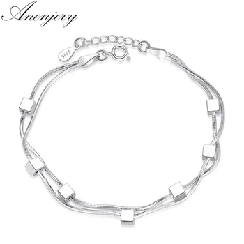 

Anenjery Silver Color Bracelet Square Box Star Double Chain Adjustable Bracelet Anklet For Women pulseira S-B167