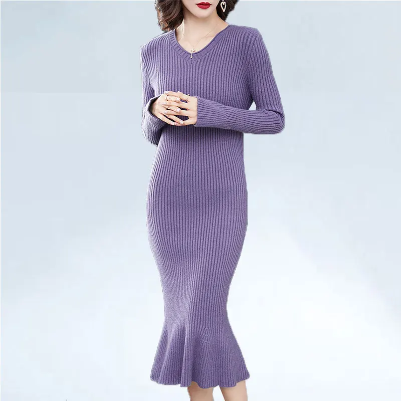 

Vestidos Women Autumn Winter Long Dress Long Sleeve Elegant Knitted Cashmere Sweater Dresses Bodycon Slim Fishtail Dress Woemn