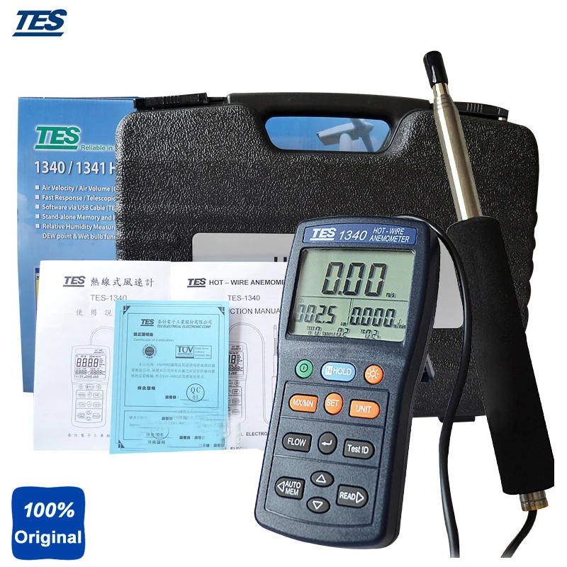 Measurement & Analysis Instruments TES1340 Hot Wire Thermo Anemometer HVAC Air Flow Velocity