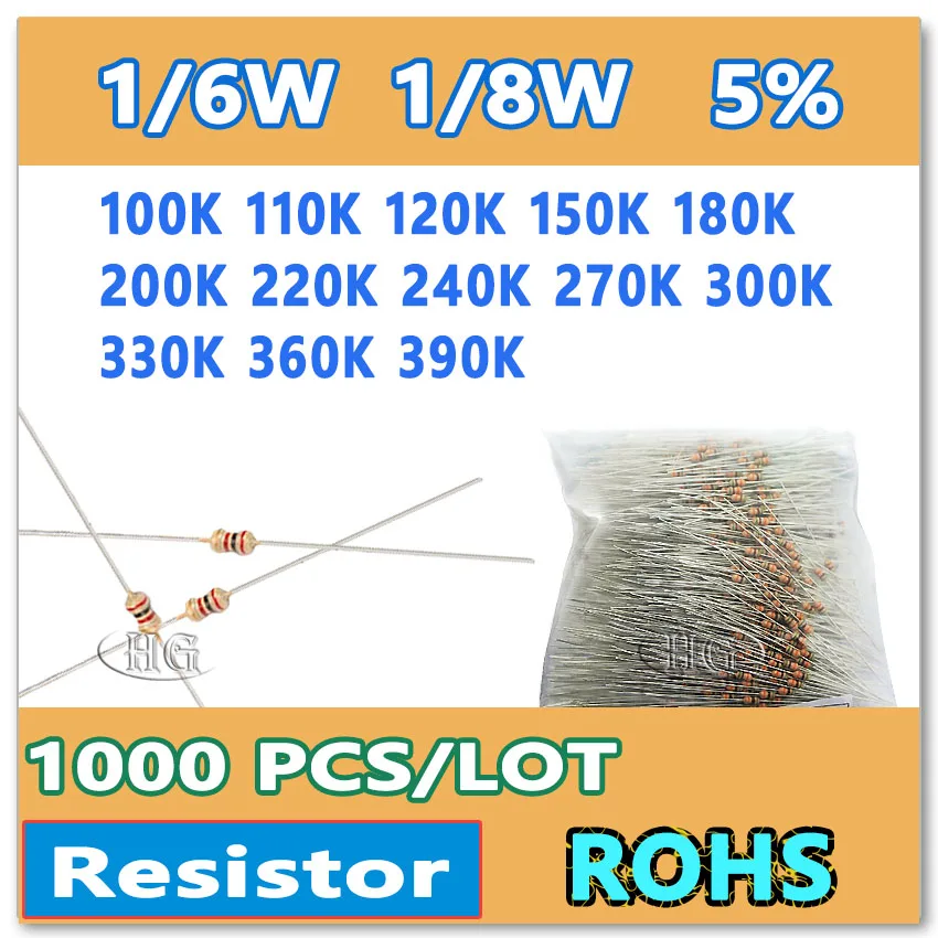 

JASNPROSMA 1000PCS 5% 1/6W 1/8W 100K 110K 120K 150K 180K 200K 220K 240K 270K 300K 330K 360K 390K carbon film DIP OHM Resistor