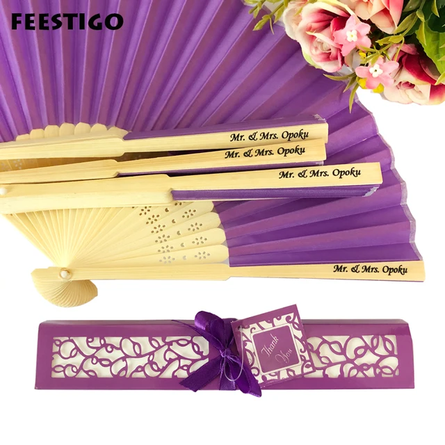 FEESTIGO Wholesale 30PCS Personalized Folded Hand Silk Fans Wedding