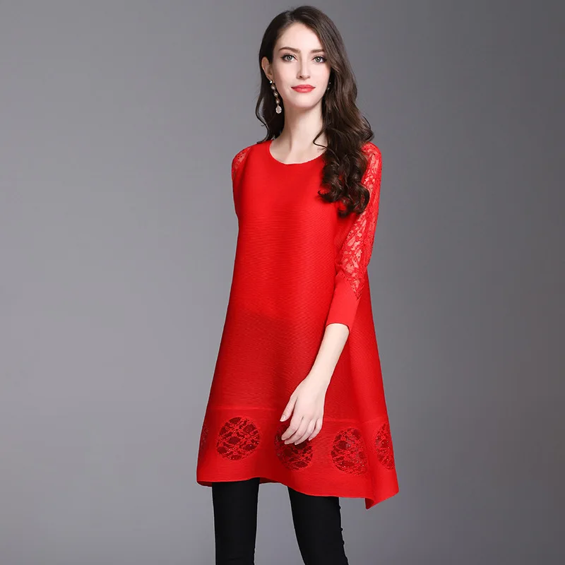 LANMREM Новая мода плиссированная одежда женская рукав три четверти кружевное лоскутное необычное темпераментное платье Vestido YF711