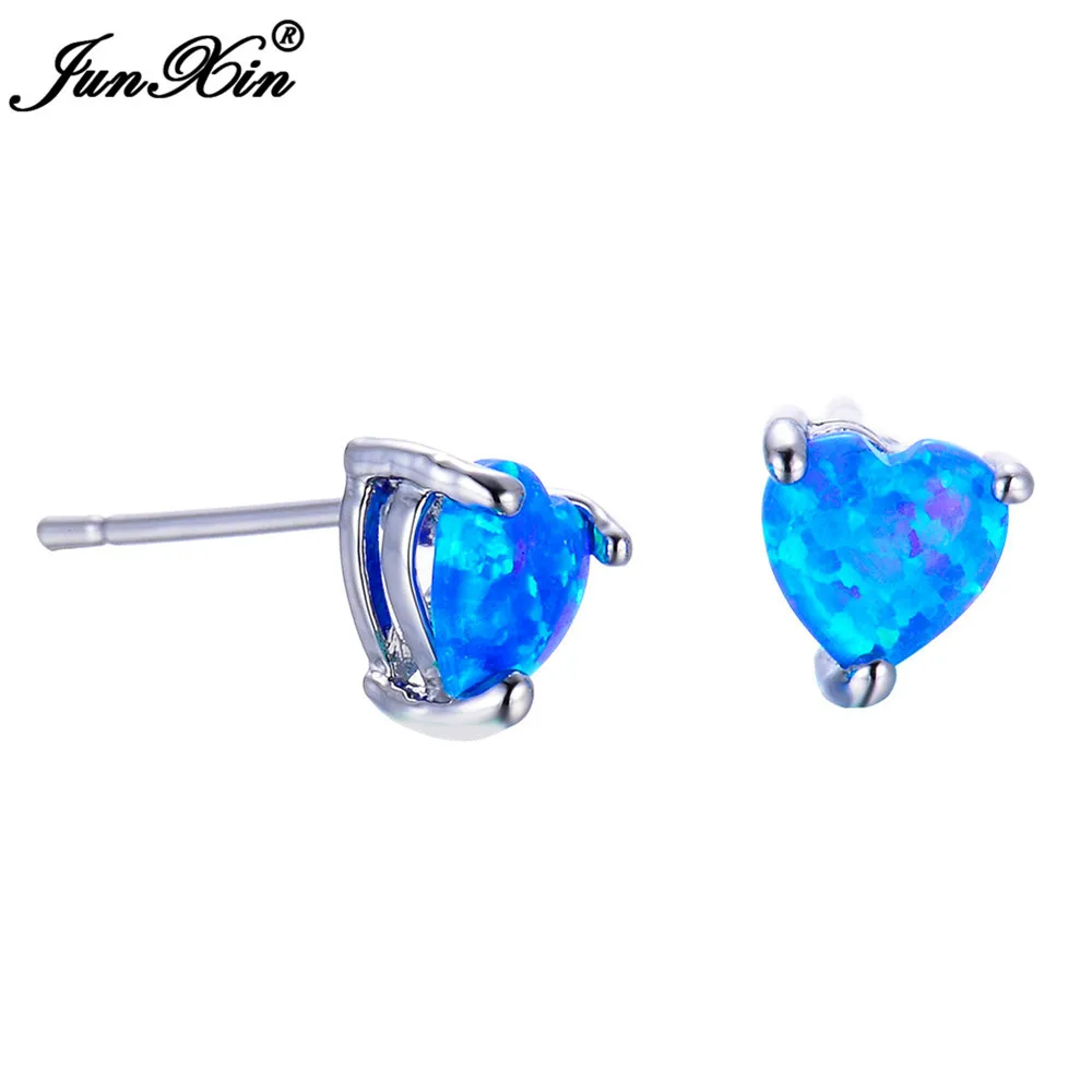 JUNXIN женские белые/синие/зеленые огненные серьги с камнями-опалами маленькие романтические серьги-гвоздики в форме сердца модные ювелирные изделия подарок