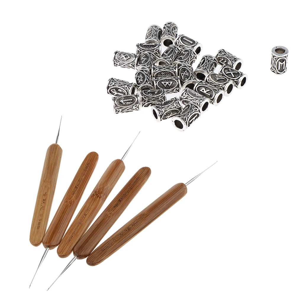 5pcs 0.5mm Latch Hooks Crochet Needles with 24pcs Viking Runes Beads for Hair Beard Pendants Necklace DIY Braiding Micro Braids