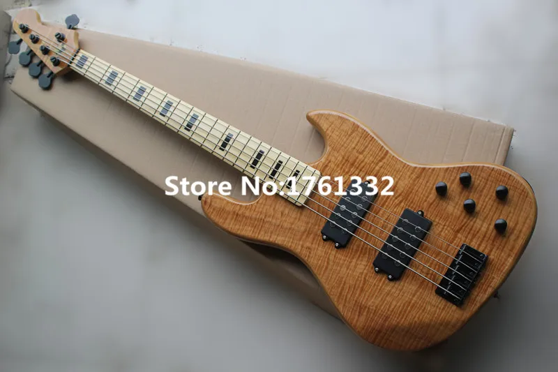 

Factory custom 20 frets 5 strings natural wood color electric bass guitar with flame maple veneer,black hardware,can be changed