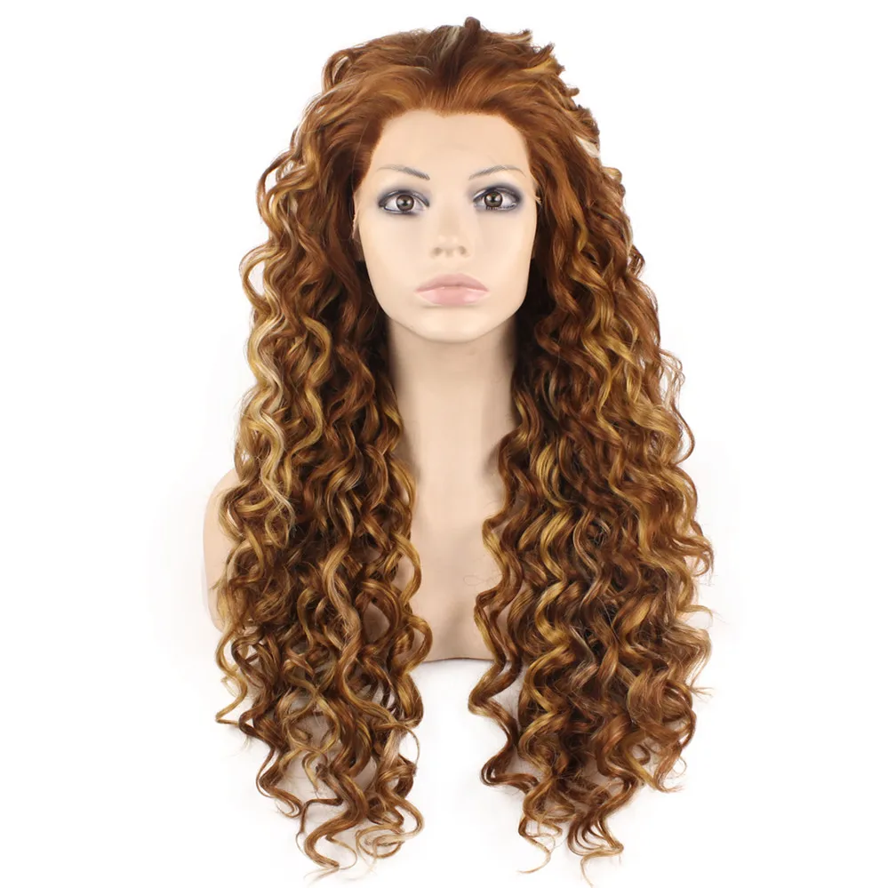 

DHL Free 26" Extra Long Highlighted Blonde Curly Lace Front Synthetic Costume Wig High Quality Fashion Ladies Costume Wig S18