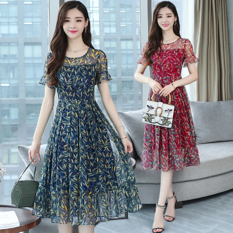 Leaves Print Ruffle Party Summer Mesh Midi Women Dress Long Plus Size Lady Vintage Elegant Short Sleeve Runway Vestido De Fiesta