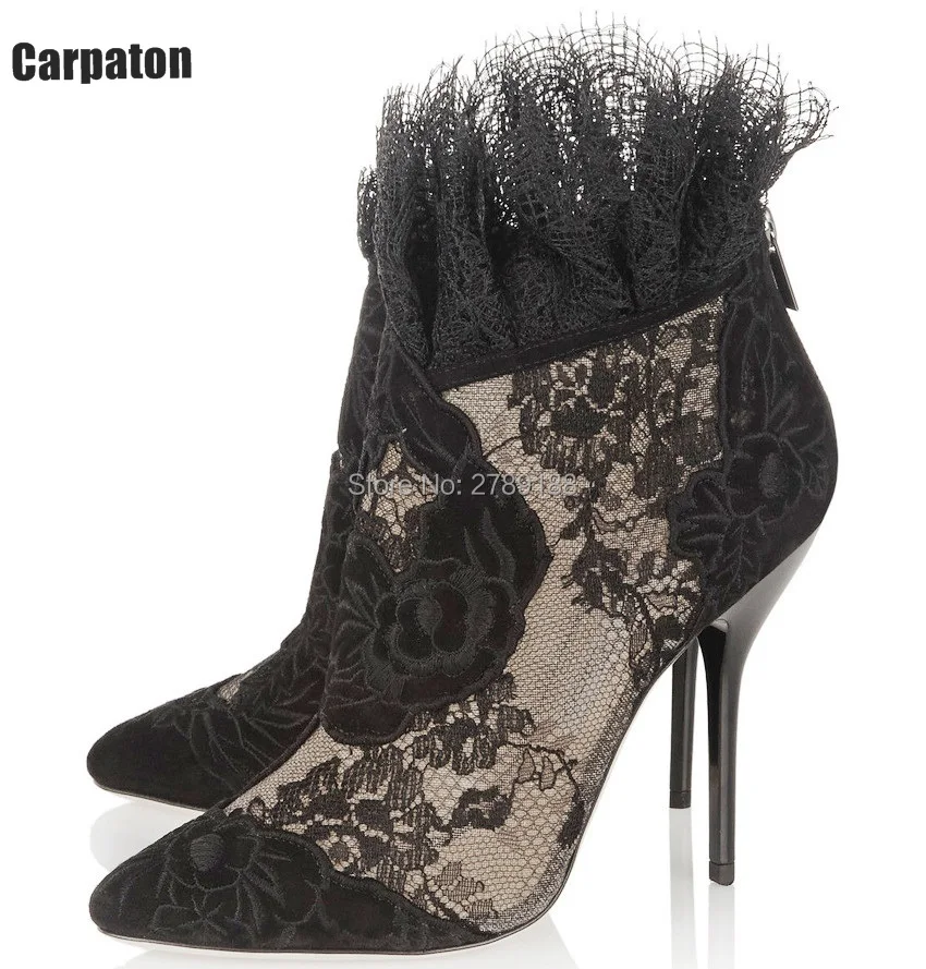 2017 Fashion Women Pointed Toe Booties Sexy Black Mesh Flower Lace