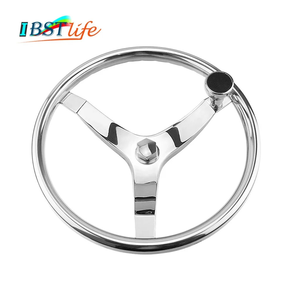 

342mm Steering Wheel Marine Grade Stainless Steel 3 Spokes 25 Degree with Knob Marine Boat Yacht Teleflex cable helm Nut 5/8