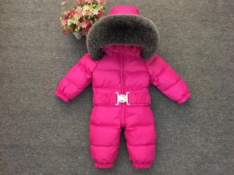 Newborn Winter Romper Baby Snowsuit Infant Overcoat Kids Snow Wear Jumpsuit Duck Down Coatton Liner Child New Year Costumes - Color: rose red new