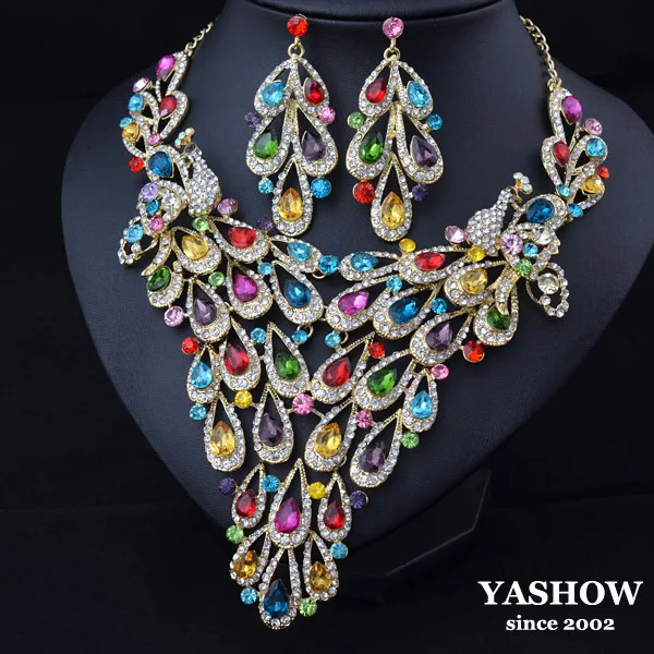 Peacock Wedding Jewelry Set Crystal and Rhinestone Necklace Set