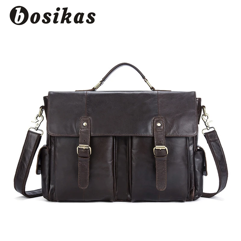 

BOSIKAS Men's Briefcases Bag Genuine Leather Crossbody Bags for Man Messenger Leather Laptop Bag Male Zipper Casual Flap Bags