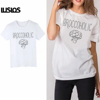 

LUSLOS Broccoholic Vegan T-shirt Summer Women Short Sleeve Herbivore White Super Soft Shirt Female Casual O-neck Tee Tops