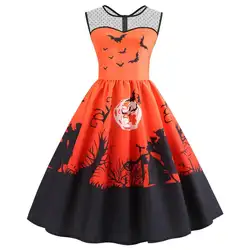 Женская мода Хэллоуин 3D печатных ночной летучая мышь без рукавов кружева винтажное платье вечернее платье на Хэллоуин вечерние костюмы