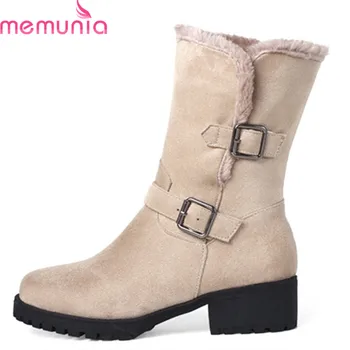 

MEMUNIA 2019 newest ankle boots for women round toe flock square heels shoes buckle simple boots ladies winter snow boots