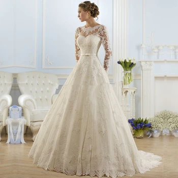 

hot sale beautiful lace Wedding Dress 2016 Good Quality a line sexy backless long sleeves ivory Bridal Gown with ribbon vestidos