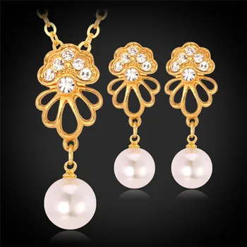 

Kpop Simulated Pearl Pendant Earrings Necklaces Sets For Women yellow Gold Color Austrian Rhinestone Crystal Jewelry Sets PE971