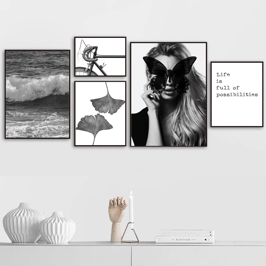 

Girl Butterfly Leaves Bike Sea Wave Quote Wall Art Canvas Painting Nordic Posters And Prints Wall Pictures For Living Room Decor