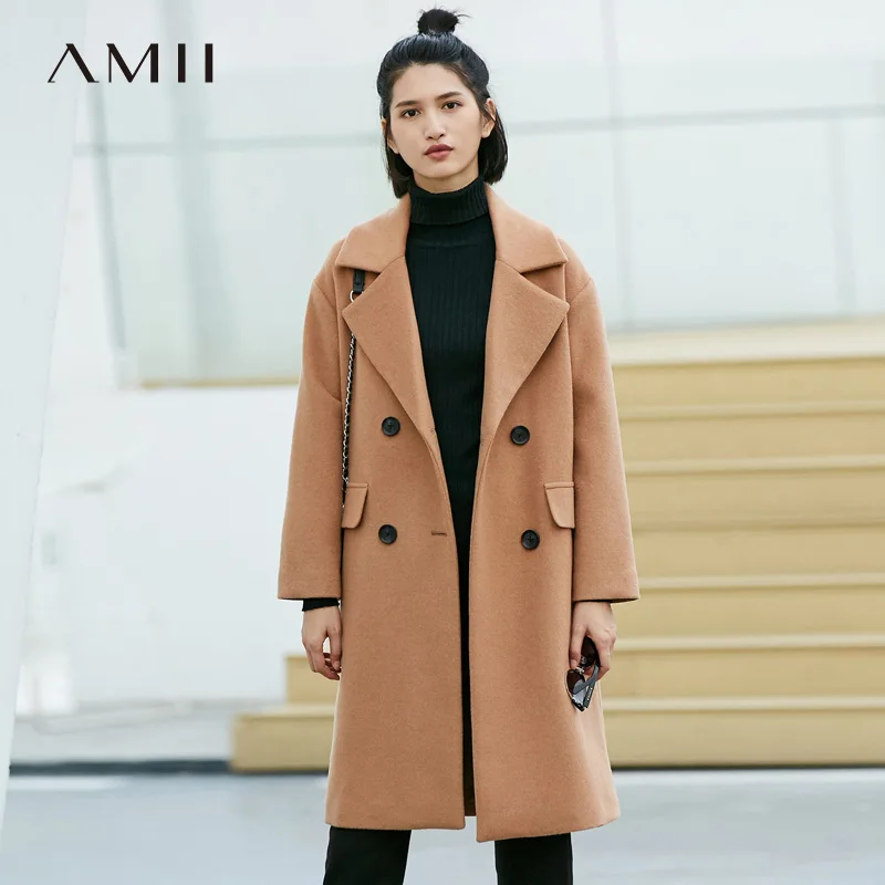 

Amii Minimalist Double Breasted Woolen Coat Women Winter 2018 Causal Solid Turn-down Collar Pockets Female Black Wool Jacket