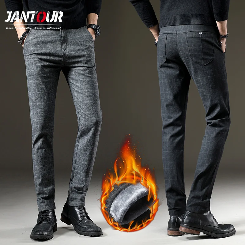 

Brand Men's winter Fleece Fluff Thicken warm Casual Pants men Business Straight Elastic Thick Plaid cotton gray trousers male