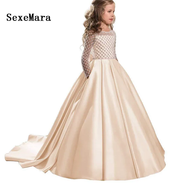 champagne-formal-floor-length-flower-girl-dress-girl-clothing-princess-brithday-tutu-long-sleeve-ball-gown-kids-dresses-18flg47