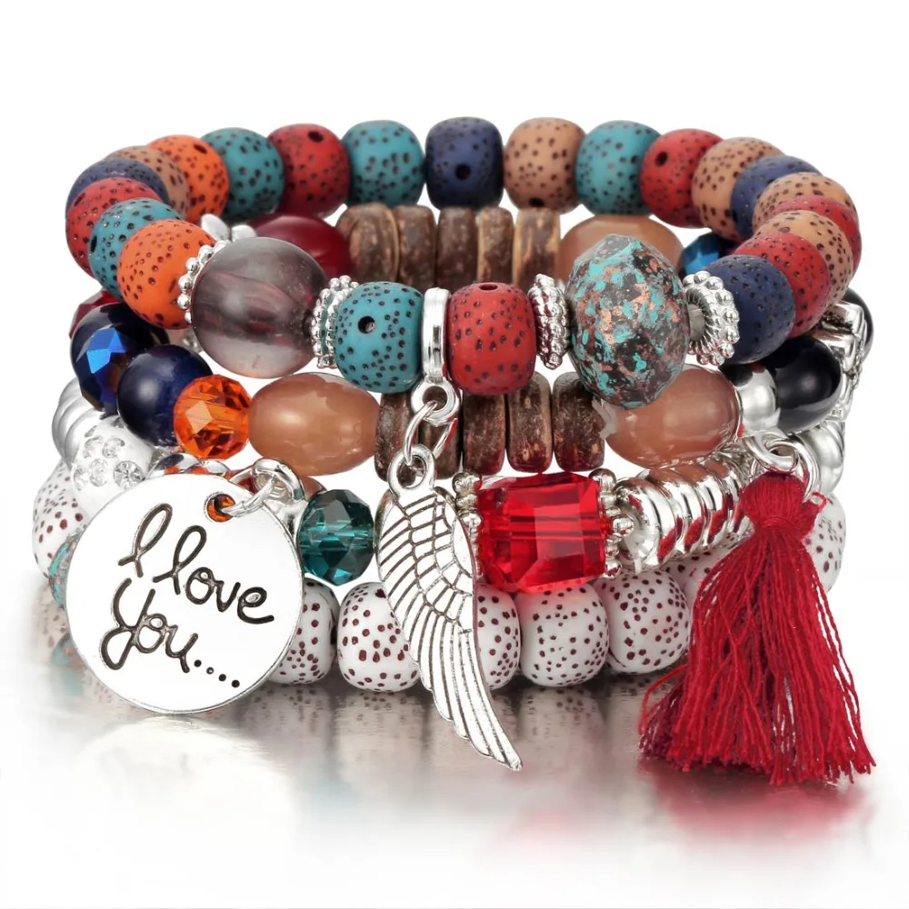 

Natural Stone Beads Bracelets For Women Wing Tassel Charm Bracelets & Bangles Set Boho Vintage Jewelry pulseras mujer moda 2019