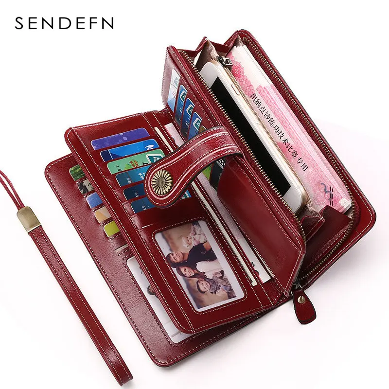 

Sendefn 2018 New Split Leather Card Holder High Quality Wallet Long Women Wallet Zipper Clutch Casual Zipper Retro Purse Female