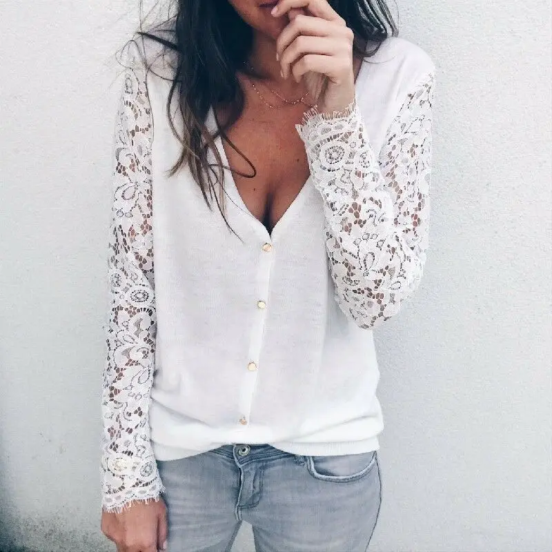 Women Blouses Sexy V Neck Blouse Floral Lace Long Sleeve Blouse Female Shirts Women Tops Blouses Black White Ladies Clothes