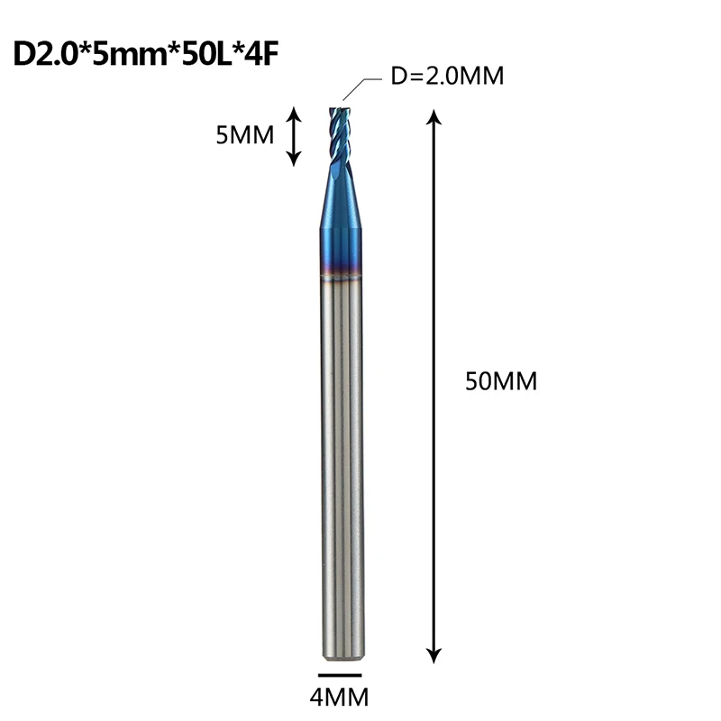 Концевая фреза из вольфрамовой стали hrc60 1 шт., концевые фрезы с плоским наконечником с 4 канавками с синим нано-покрытием для фрезерного станка cnc d1-d20 для нержавеющей стали - Длина режущей кромки: D2-5-50-H4-4F