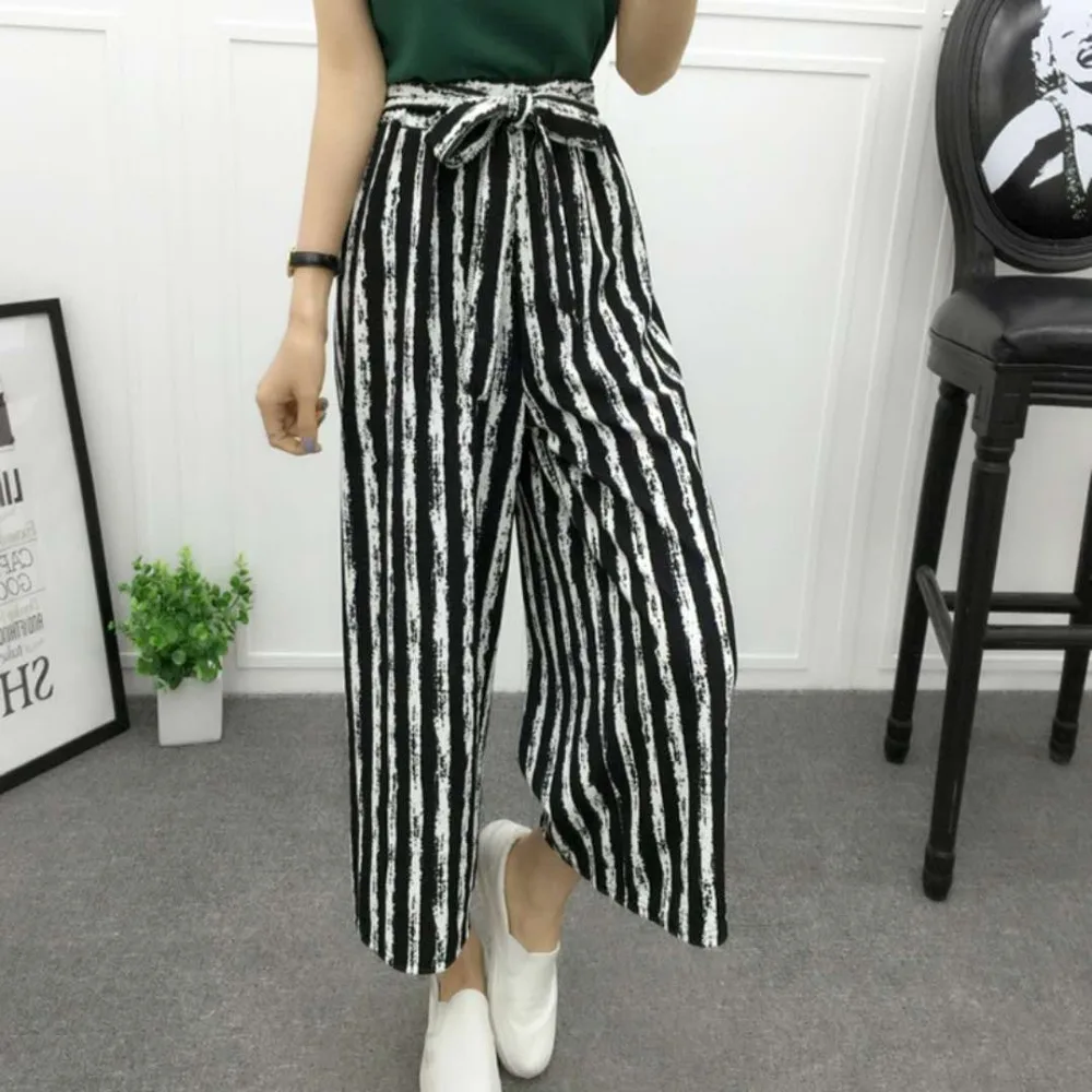 2018 Summer Newest Style Leisure Pants Loose High Waist Thin Wide Leg Pants Stripe Bow Tie Bell Bottom Pant Women Plus Size Pants