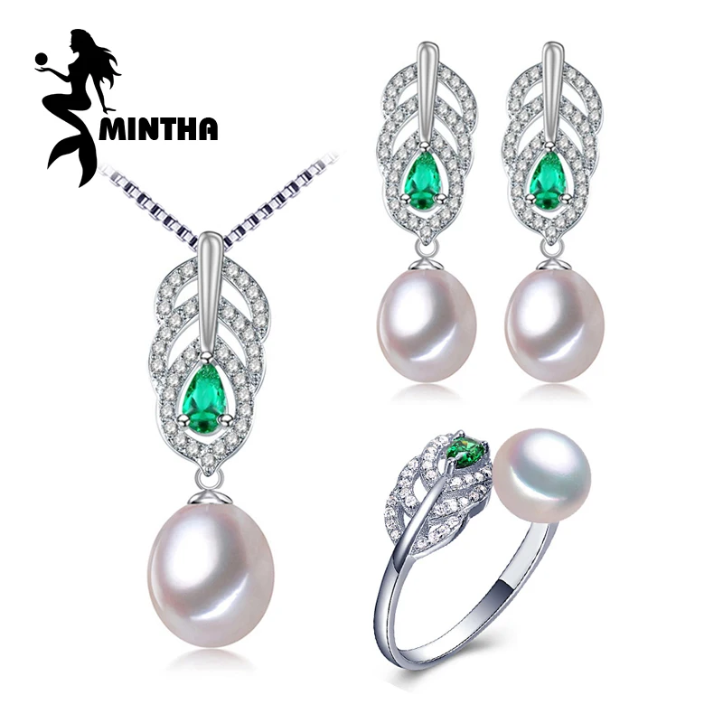 

MINTHA Pearl Jewelry Sets Pearl Pendant Necklace Earrings For Women fine engagement ring Leaves Emerald leaf big earrings set