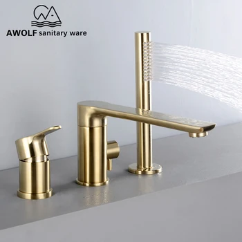 Best Bathroom Basin Faucet Bathtub Shower Set Split Switch 3 Pcs Brushed Gold Solid Brass Deck Mounted Hot Cold Mixer Tap ML8057
